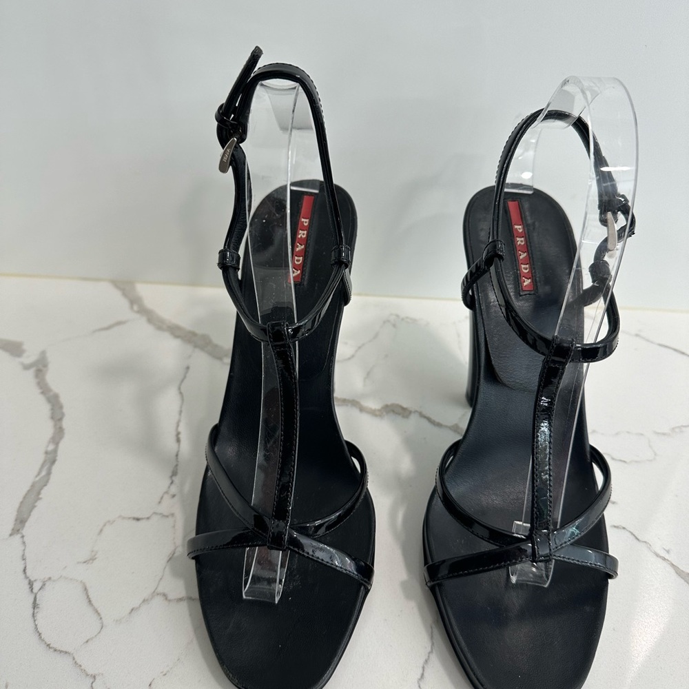 Prada Black Patent Leather Ankle Strap Sandal in 38